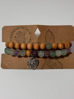 Handmade Heart Charm Beaded Bracelet Set - Green, Purple & Natural Wood